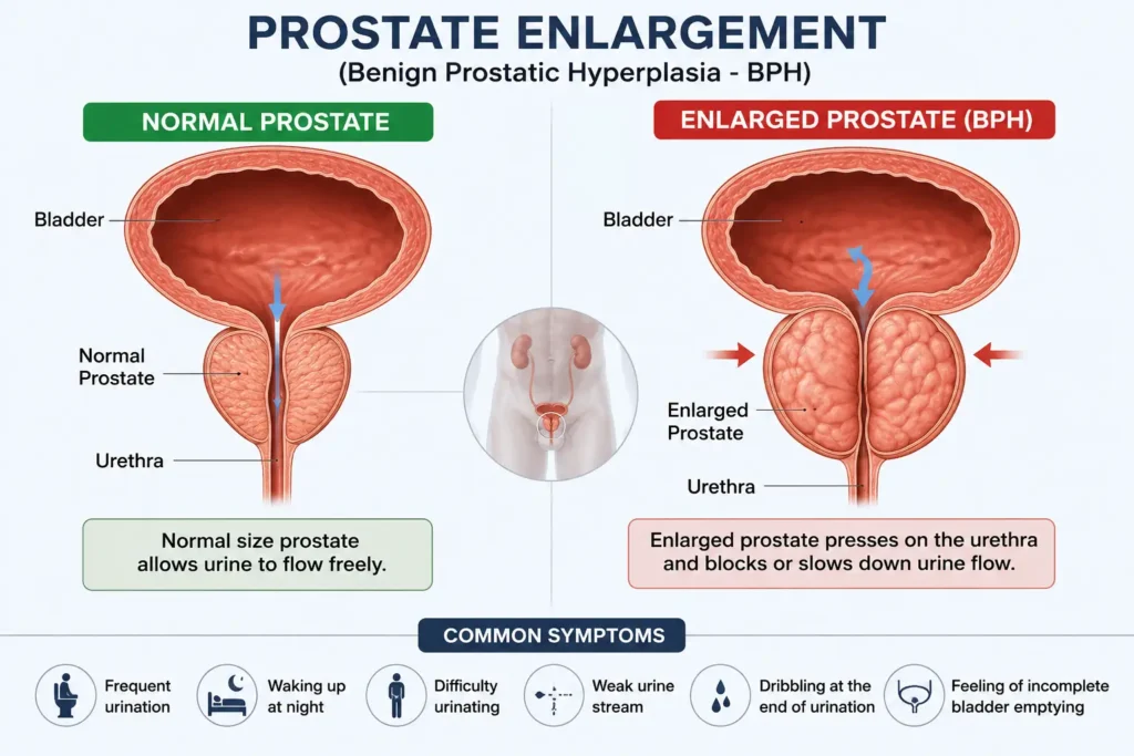 Medical illustration showing normal prostate vs enlarged prostate (BPH) causing urinary obstruction and frequent urination symptoms in men.
