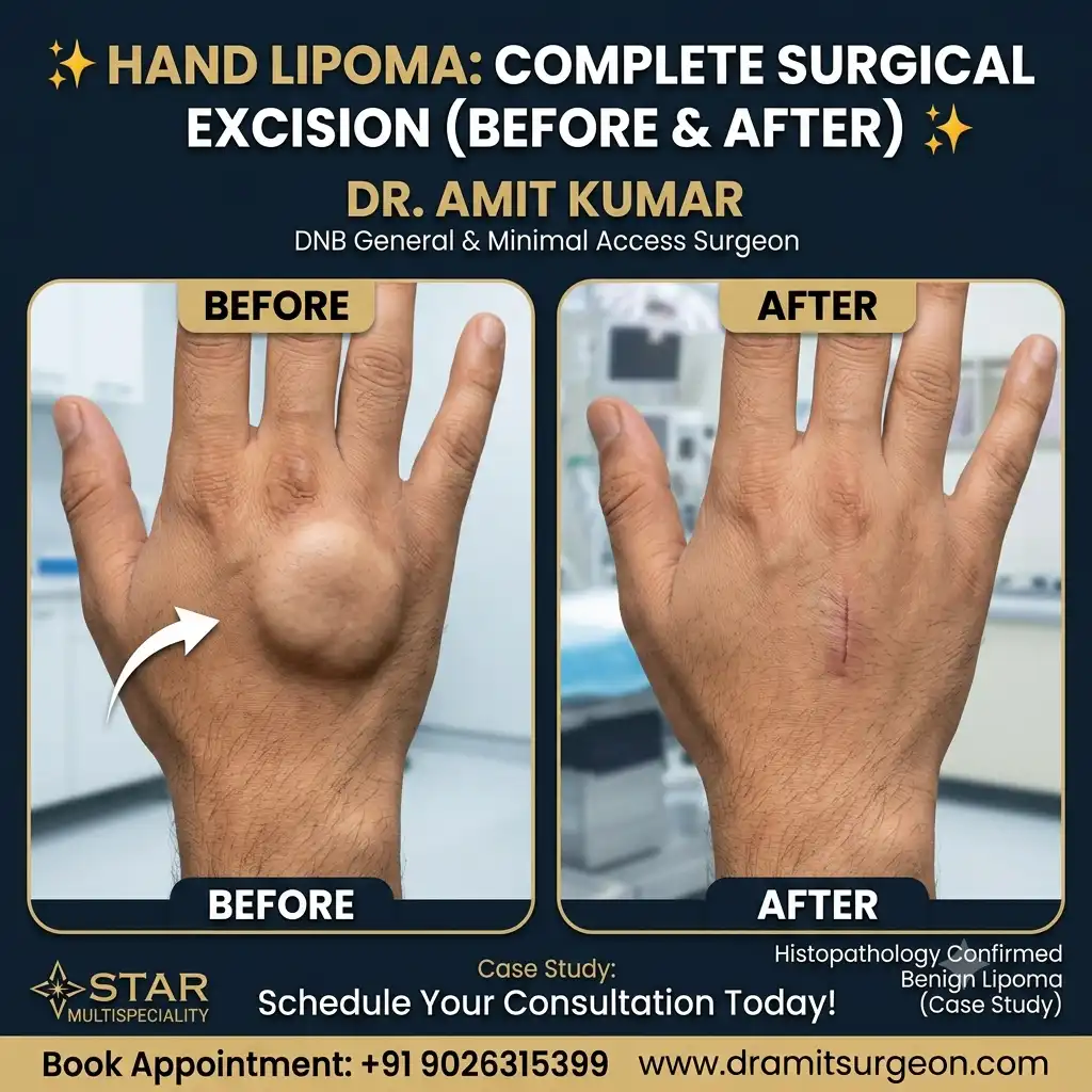 A side-by-side comparison image showing a dorsal hand lipoma before and after surgical excision by a general surgeon in Varanasi.