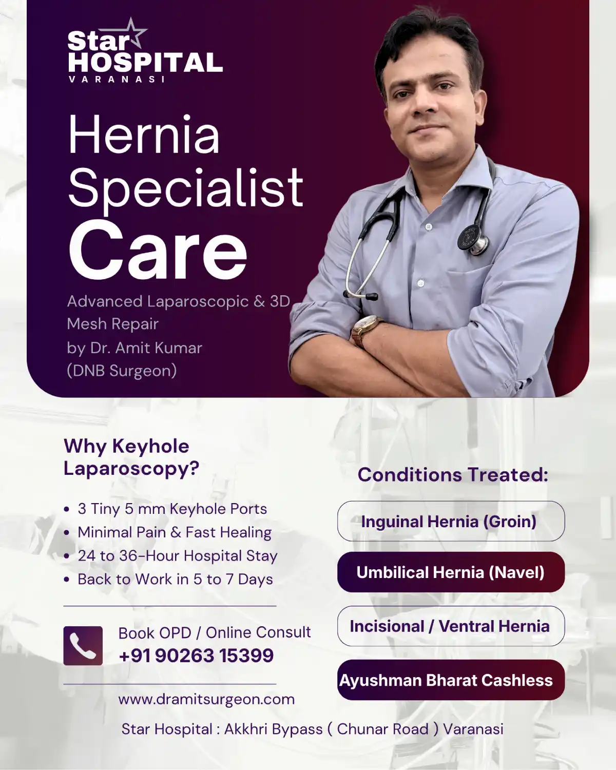 Hernia specialist doctor in Varanasi Dr Amit Kumar performing advanced laparoscopic hernia repair