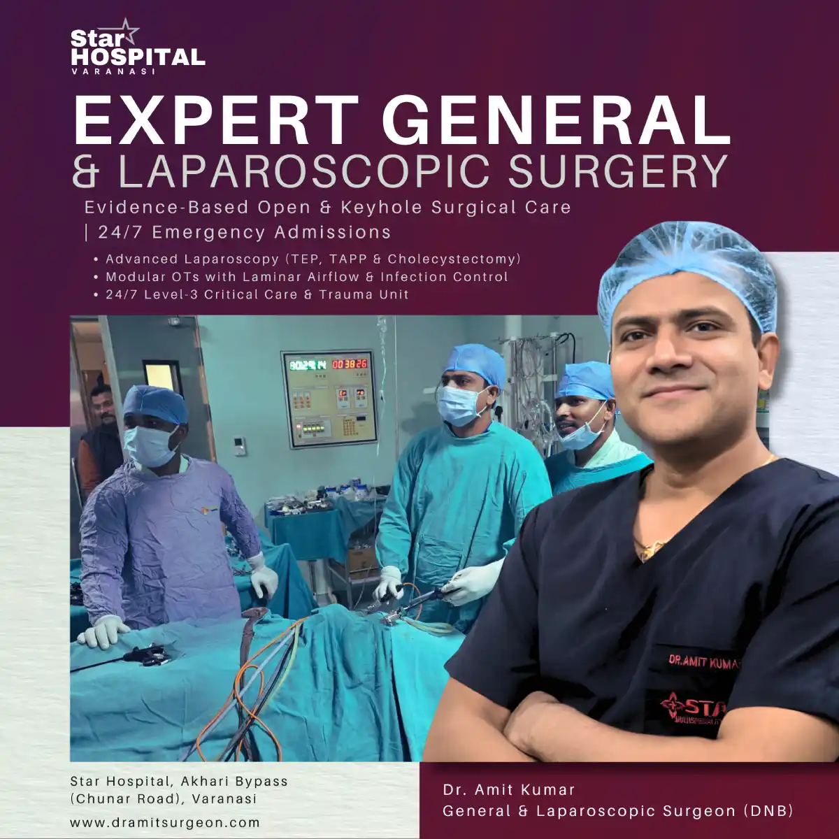 General surgeon in Varanasi conducting clinical consultation and advanced laparoscopic procedure review at Star Hospital